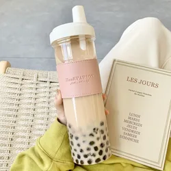Large Capacity 850ML Cute Pearl Milk Tea Straw Water Bottle with Cup Cover - Drop - Proof Design (Pink)