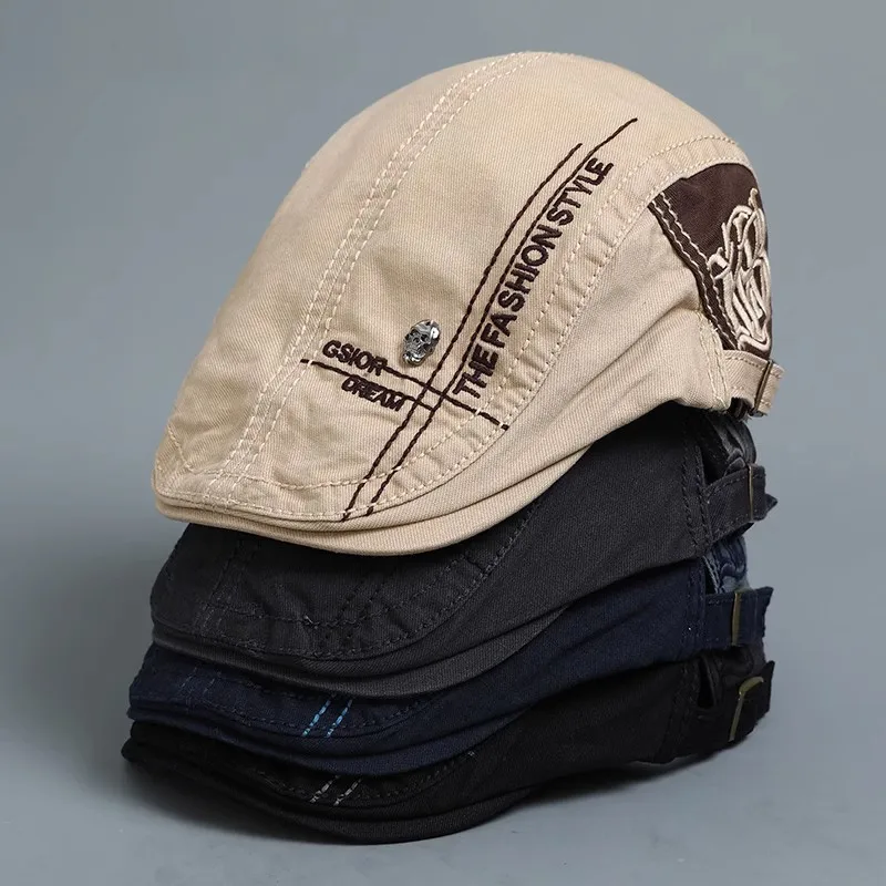 Newsboy Cap Newsboy Hat Beret Hat Woolen Beret British Retro Washed Cotton Newsboy Cap Skull Pattern Stylish Baseball Cap Unisex Soft-Top Four-Season Commuter Painter Beret