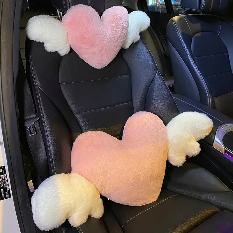 Love Wings Heart-Shaped Plush Car Headrest Neck Pillow Soft Cute Kawaii Car Seat Accessory - Unique Auto Interior Cushion