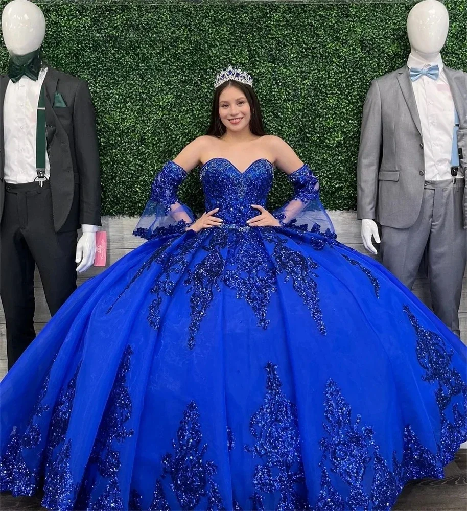 Quinceanera dresses ANGELSBRIDEP Royal Blue Sequined Ball Gowns Quinceanera Dresses Trumpet Sleeves Birthday Party Vestidos De Xv A&ntilde;os