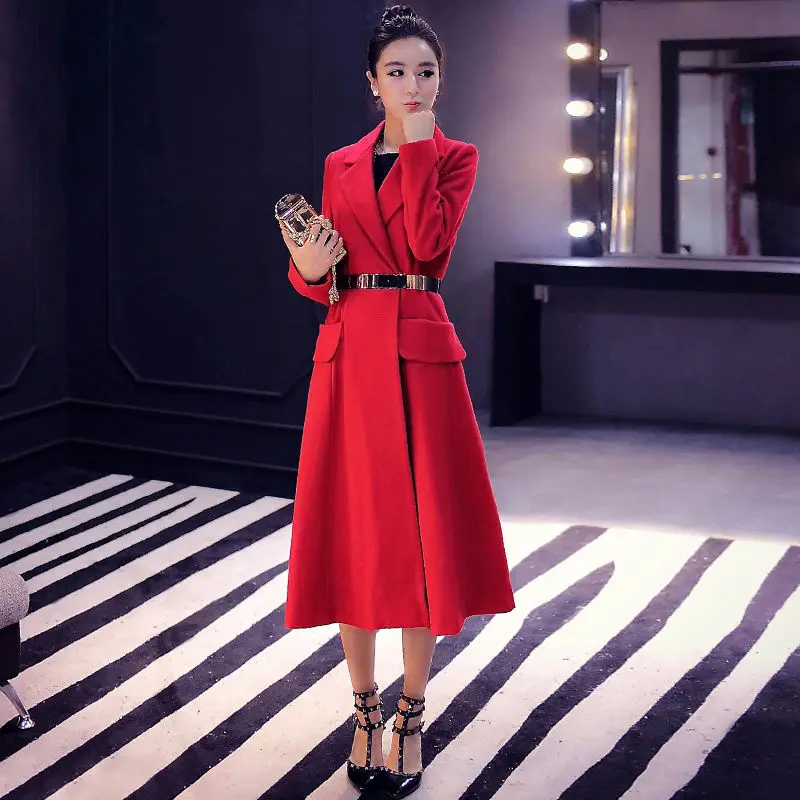 

Women's Mid Length Skirt Design High End Temperament Korean Version 2023 New Autumn Winter Waist Thickened Big Red Woolen Coat