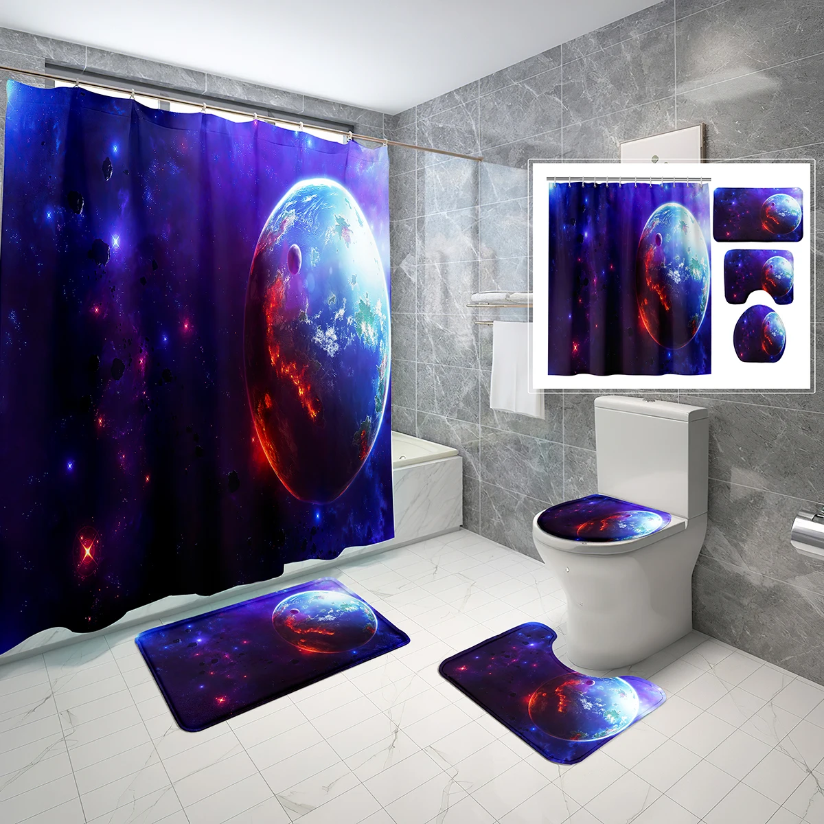 

Nebula Universe Shower Curtain Set 3D Blue Sci-fi Alien Planet 4 Pcs Shower Curtain Bathroom Non-Slip Bath Mat Toilet Cover