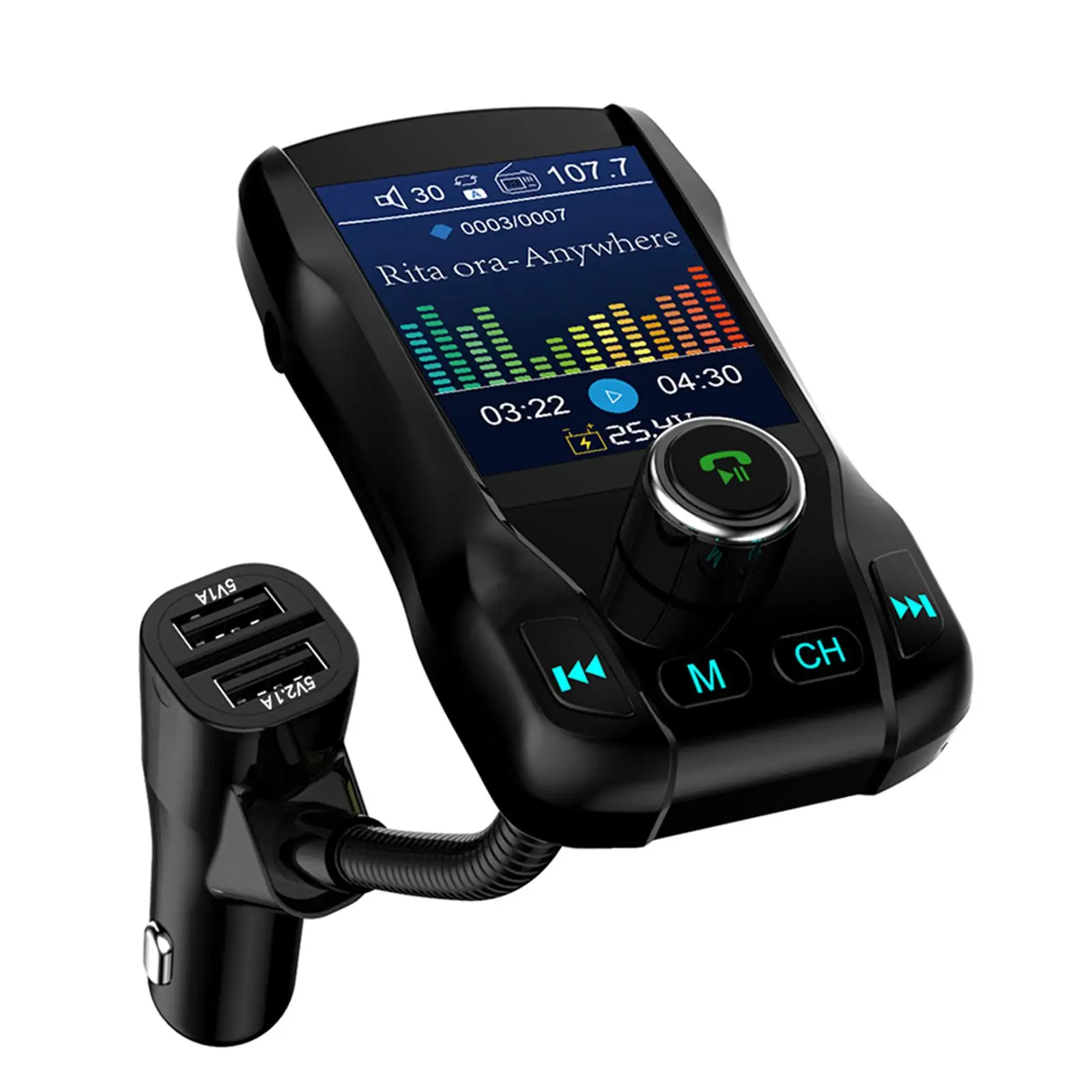 Bluetooth 5.0 Car FM Transmitter Radio 5V Car Adapter MP3 Player w/ 1.8 Inch Color Display 2 Port USB Charge w/Mic