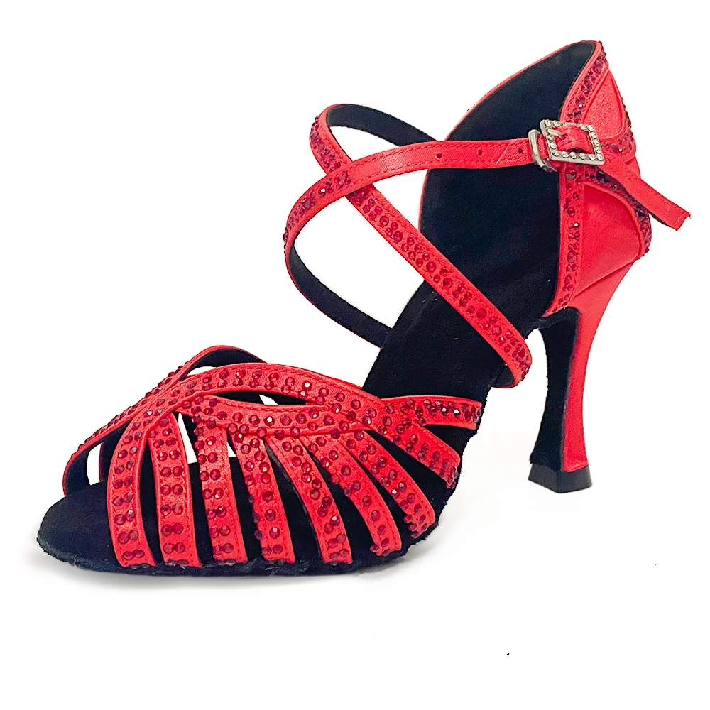 

Red Salsa Passion Dance Shoes With Same Color Rhinestones Suede Indoor Super Soft Thick Insole Ballroom Latin Shoes For Women