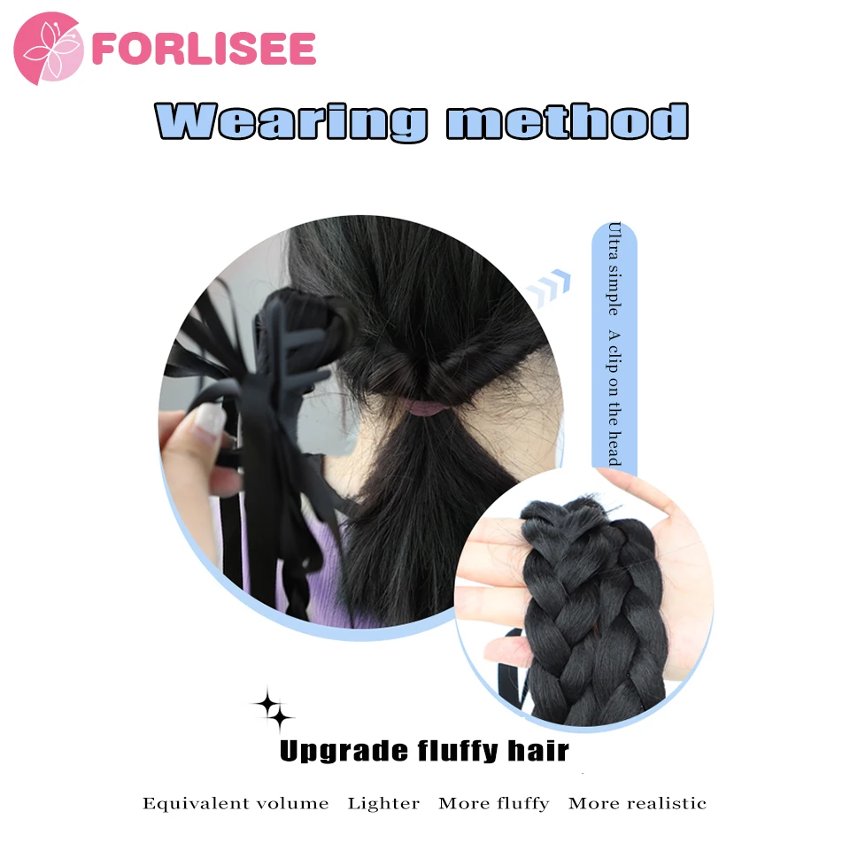 FORLISEE Wig Braid Female Fried Dough Twists Braid Ballet Style Natural Sweet Ribbon Clip Double Braid Ponytail Wig