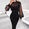 Splicing Long-sleeved Sheath Dress See Through Mesh Bead Sexy Bodycon Dress Women Black Slim Fits Sheath Party Midi Dress