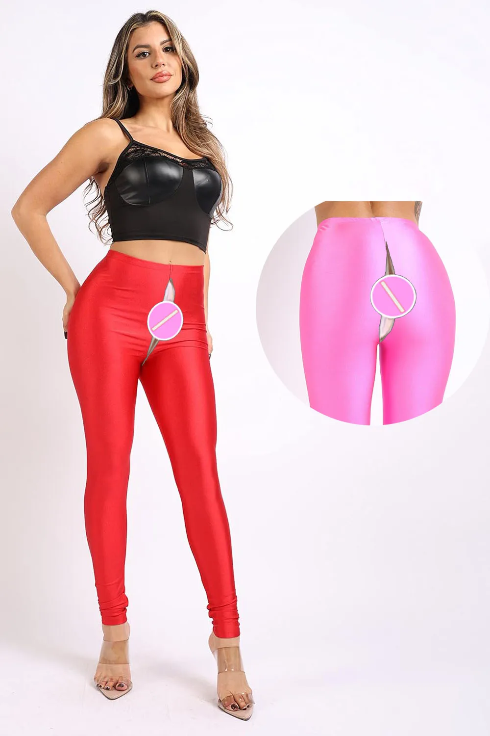 Open Crotch Outdoor Sex Women's Stretch Skinny Shiny Neon Active Yoga Pilates Club Party High Rise Elastic Leggings Pants Tights