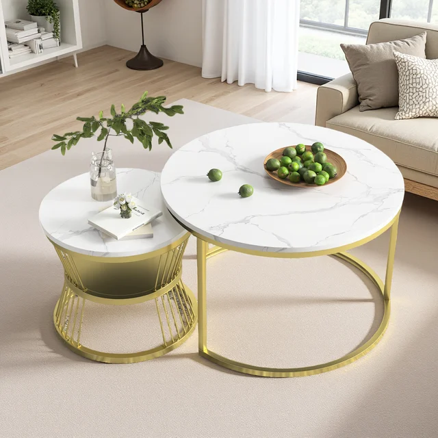 Tables basses Anajqaqia, ensemble de tables d'appoint, table de canapé avec pieds en métal, aspect marbre, pour salon, chambre à coucher, rondes, dorées 1