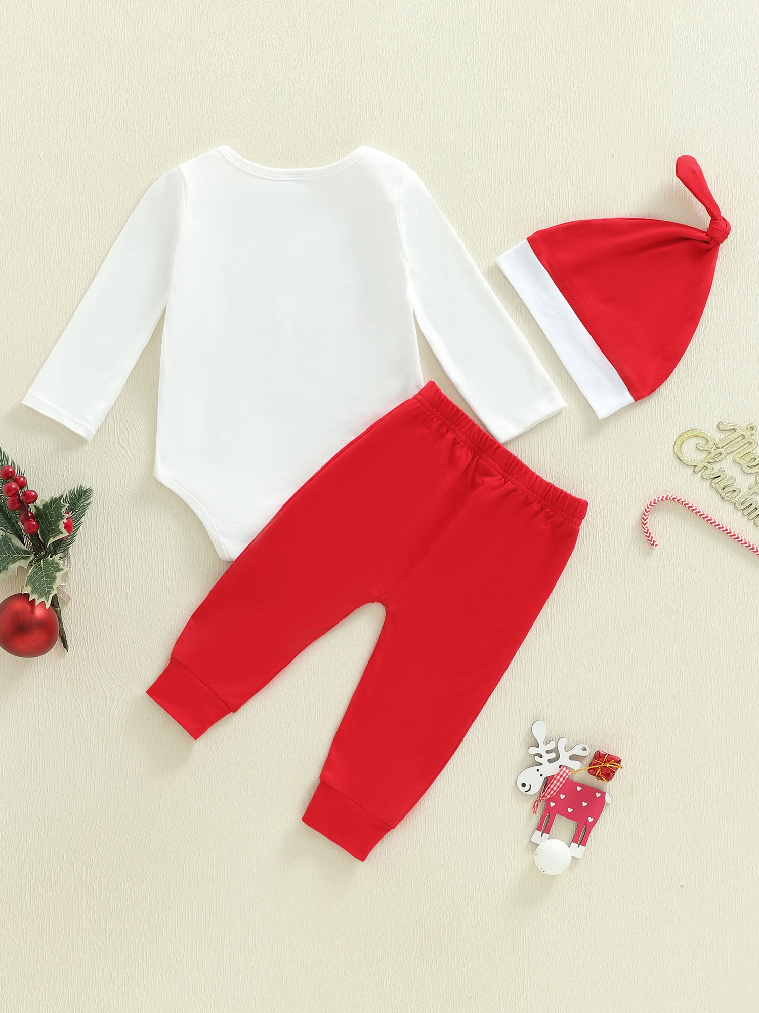 Infant Boy Holiday Attire Festive Letter Print Bodysuit with Cozy Long Pants and Matching Hat 3-Piece Set for Christmas