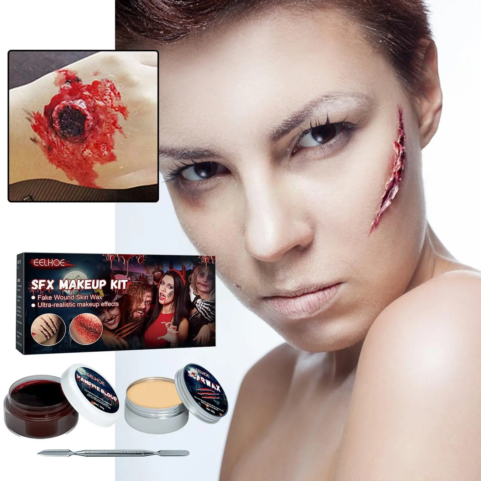 

SFX Makeup Kit Scars Wax Halloween Special Effects With Wound Wax Spatula Stipple Sponge Skin Stage Wood Fake 2022 Party Fa J0U5