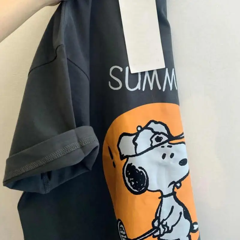 

New Kawaii Snoopy Short Sleeve Dark Gray Versatile T-Shirt Cartoon Lovable Fashion Summer Top Girl Birthday Gift For Girlfriend
