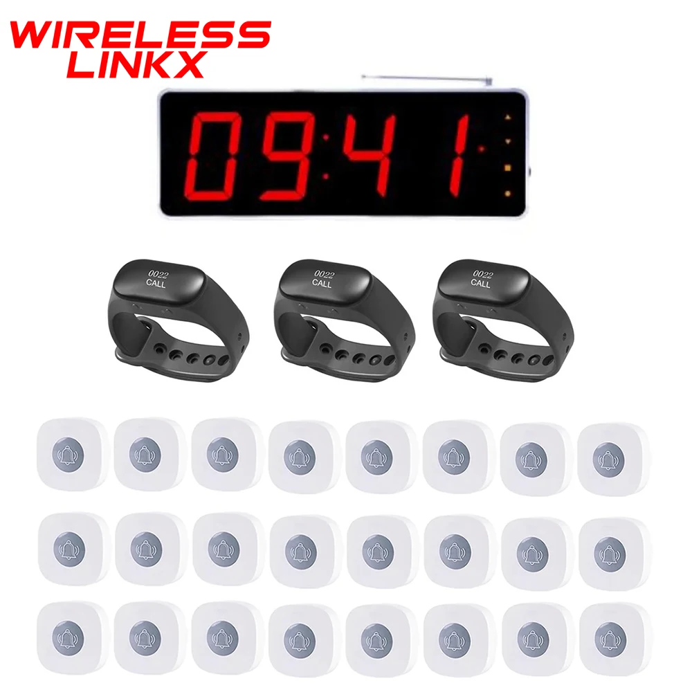 Wireless Restaurant Pager Waterproof Breakproof Waiter Wristband Wireless Call System For Bar 1 Display 3 Watch 24 Call Buttons