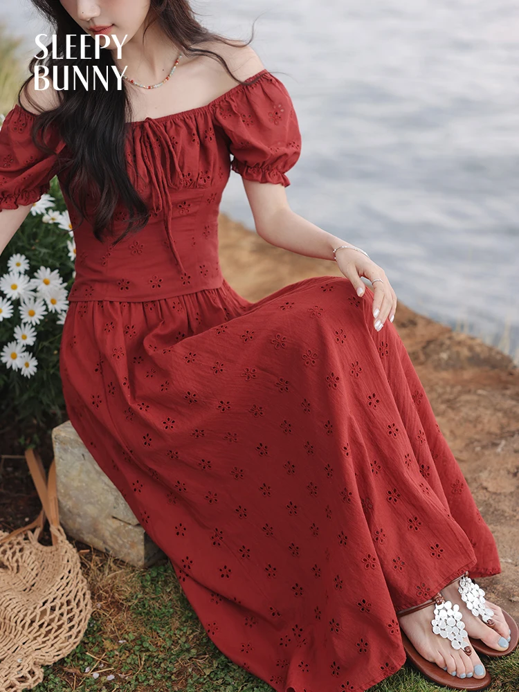 Eyelet Jacquard Elastic Waist Skirt Women Summer Retro Red A