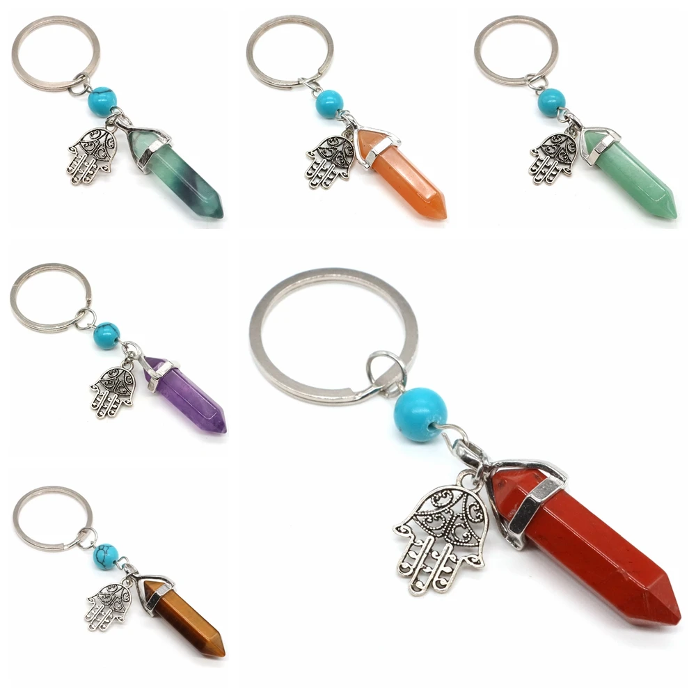 

Hexagonal Column Stone Keychain Natural Crystals Quartz Reiki Healing Gemstone Evil Eye Head Key Chain Fatima Jewelry Party Gift