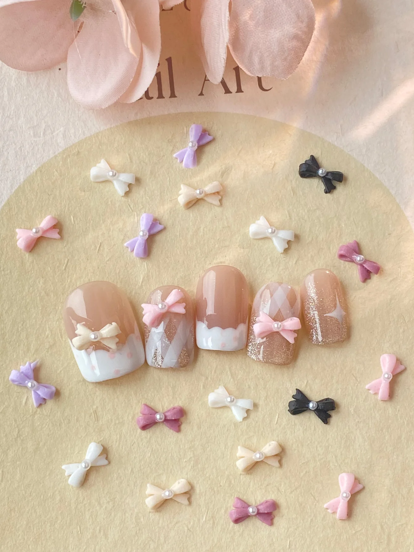 믹스 컬러 보우와 진주 한국 스타일 네일 아트 참 3D 핑크 블랙 화이트 보우 매듭 네일 액세서리 DIY 디자인
