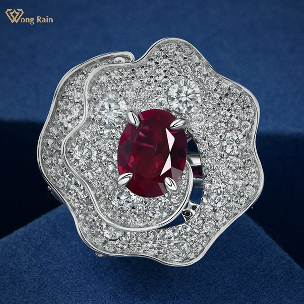 

Wong Rain Luxury Solid 925 Sterling Silver Oval 2 CT Ruby White Sapphire Gemstone Flowers Ring for Women Fine Jewelry Wholesale