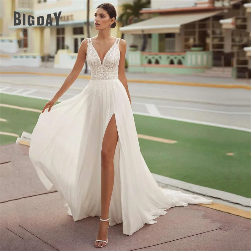 

Elegant A-Line Wedding Dress Open Back Lace V-Neck Side Split Spaghetti Straps Chiffon Bridal Gown Sweep Train Vestidos De Noiva