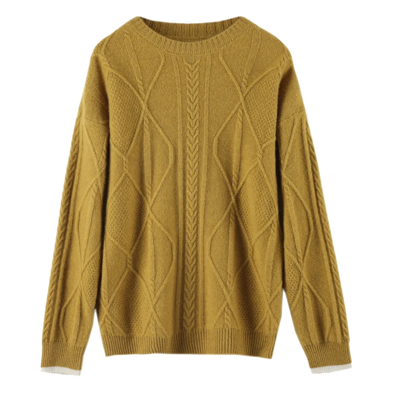 

Autumn and winter new cashmere sweater women's O-neck 100% pure wool pullover color matching twisted fashion thick warm top