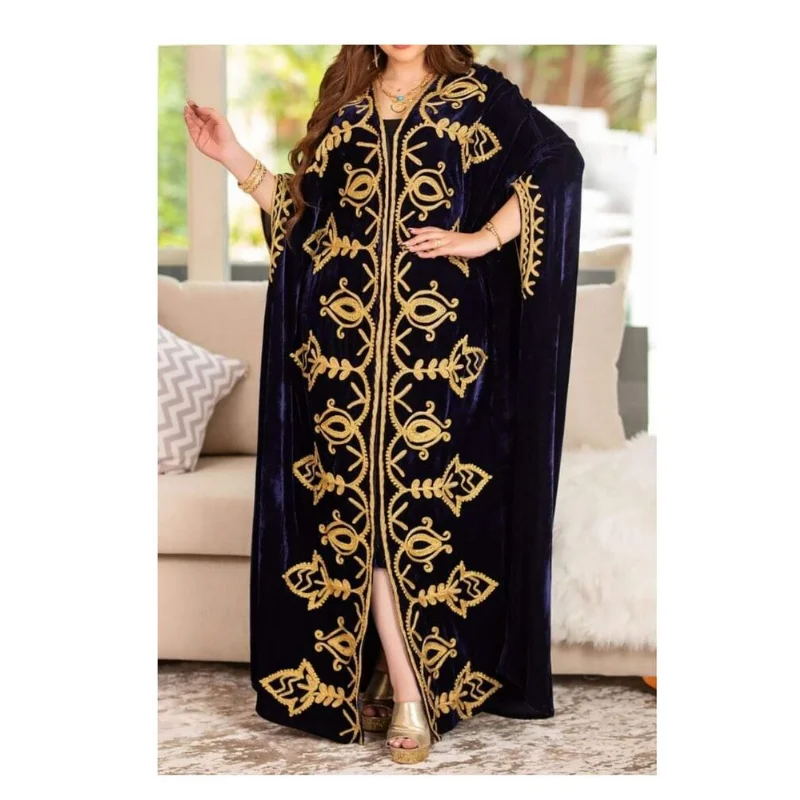 Black Kaftans Farasha Abaya Dress In Dubai Morocco Very Fancy Long Velvet Dress European and American Fashion Trend