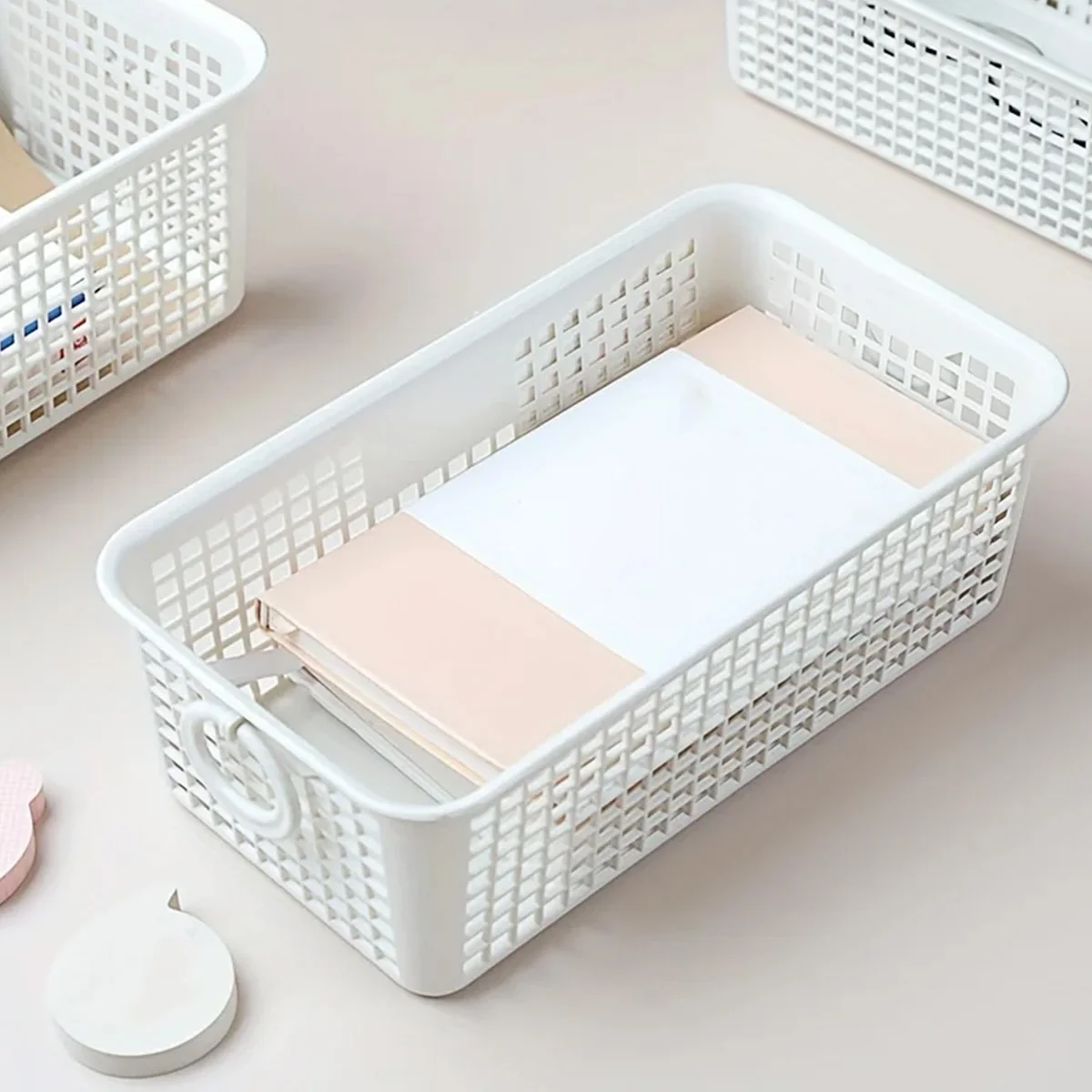 1 Piece Desktop Dual-Ear Storage Basket Snack Organizer with Hollow Rectangular Basket Plastic Storage Box