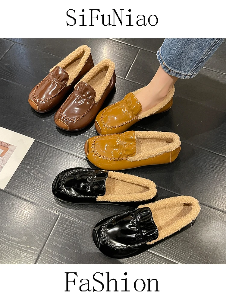 

Балетки женские из лакированной кожи, повседневные туфли на плоской подошве, без застежки, лоферы, с закрытым носком, зимняя обувь