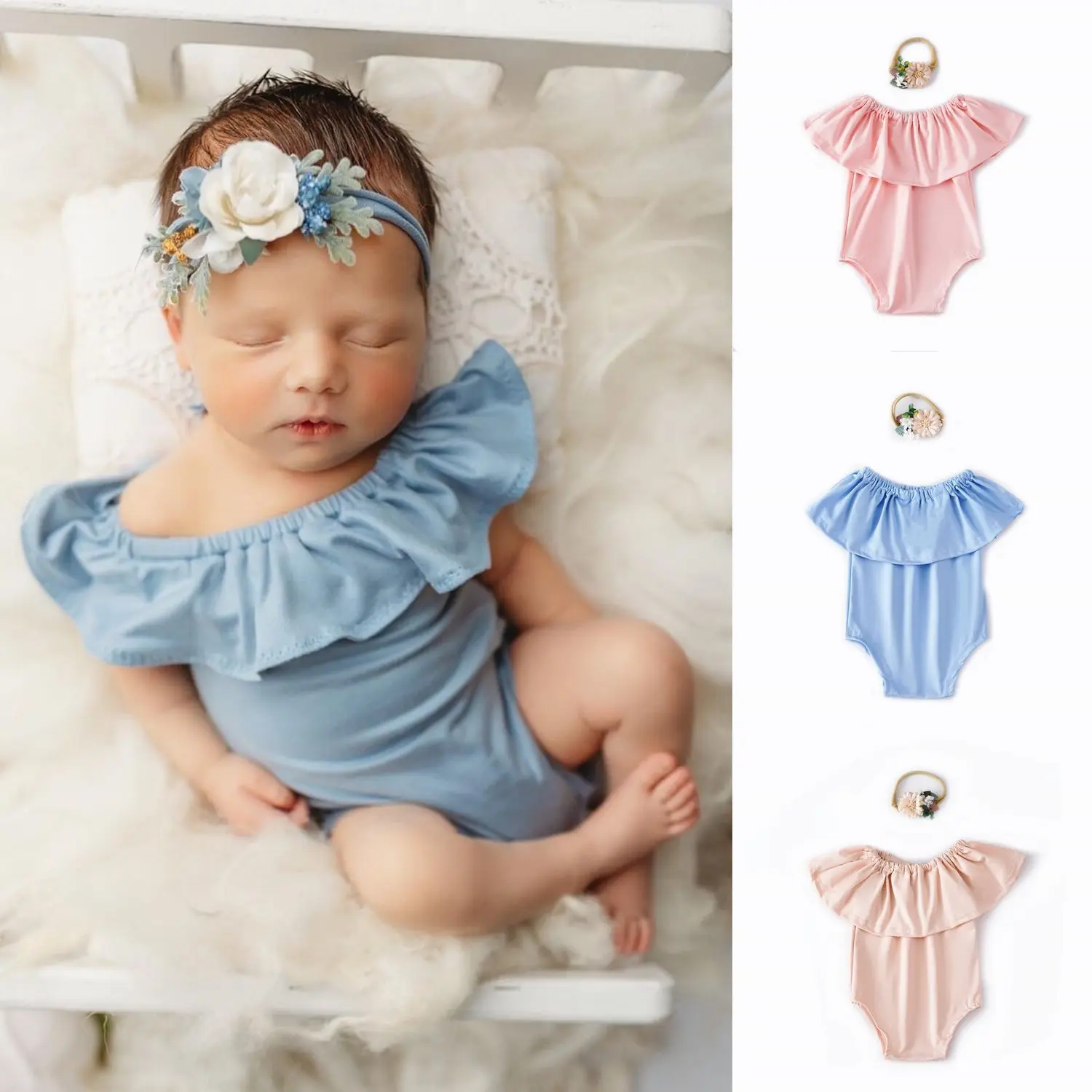 Baby Girl Photo Clothing Laciness Jumpsuit With Headband Newborn Photography Props Baby Shooting Accessories 1 set