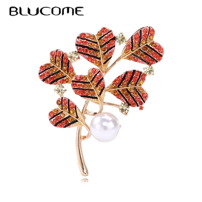 

Blucome Luxury Women Red Leaves Plant Brooches Gold Color with Rhinestone Alloy Corsage Pin Accessories