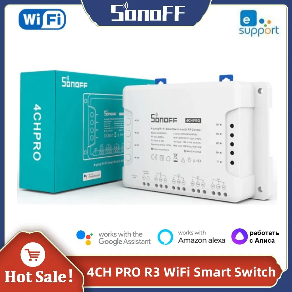 

Sonoff 4CH PRO R3 WiFi Smart Switch Smart Home DIY Timer Ewelink APP 433 MHZ RF Remote Control Work with Alexa Google Home Alice