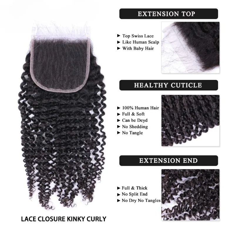 Kinky Curly Lace Closure 4x4 Free Part Virgin Human Hair Extensions Transparent Lace Closure Nature Color Soft and Silky