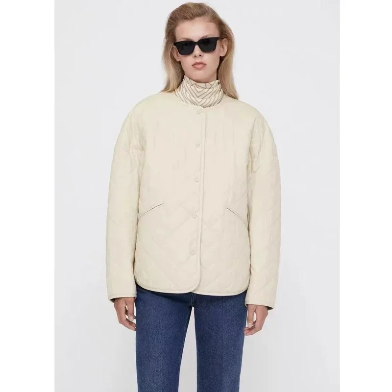 

HOT SALE TT@ Women's Jacket Coat Original Cotton Material Diamond Texture Snap Button Design Loose Crew Neck Cotton Jacket