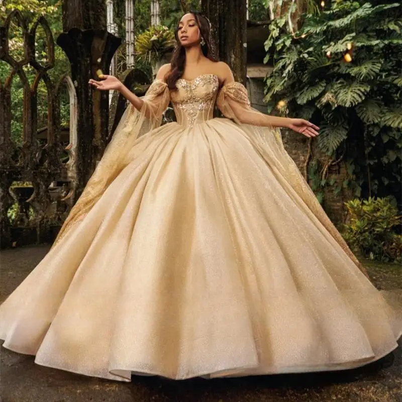 

Champagne Off The Shoulder Quinceanera Dresses 2024 Beaded Princess Sweet 16 Dresses Ball Gown Birthday Gowns Lace-up