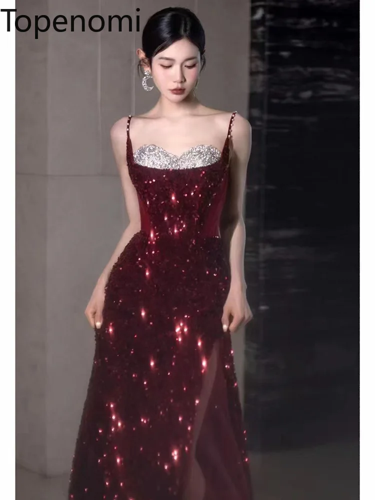 

Topenomi Shiny Evening Dresses Women Summer Spaghetti Strap Sequins Waist Slim Split Long Dress French Elegant Formal Party Gown