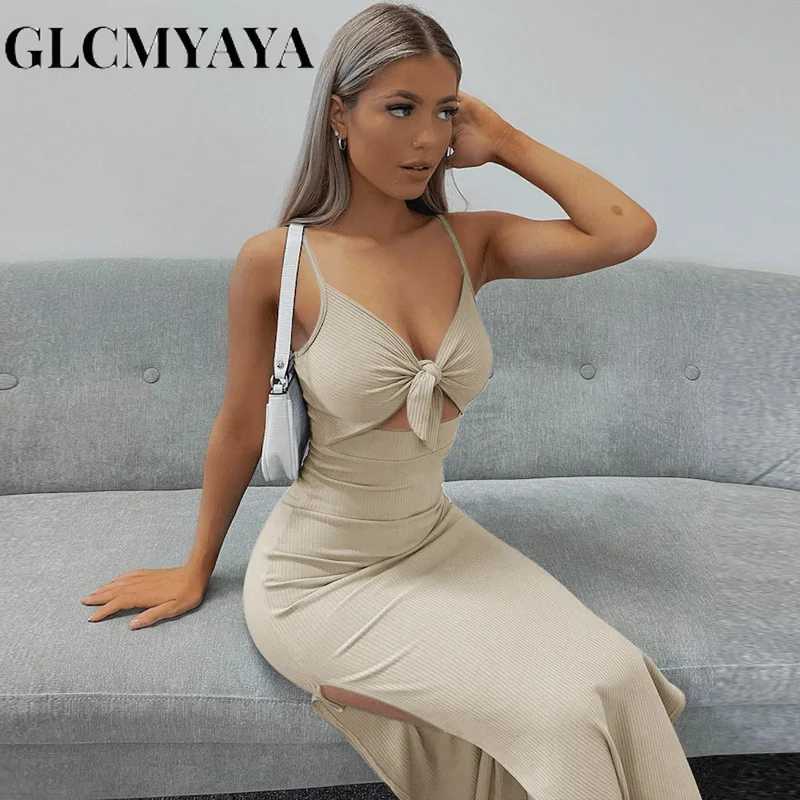 

GLCMYAYA Women Knitting Hollow Out Bandage Spliced Solid Bodycon Dress 2023 Side Slit Skirts Sexy Party Spaghetti Strap Dresses