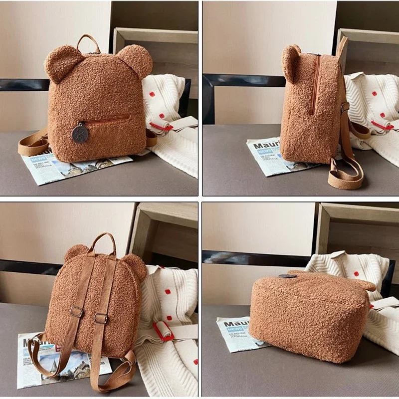 Cute Bear Ear Plush Backpack – High-Capacity Lamb Fleece Shoulder Bag for Kids and Adults, Korean Style Parent-Child Bag for Boys and Girls Bags & Storage Items Small backpacks