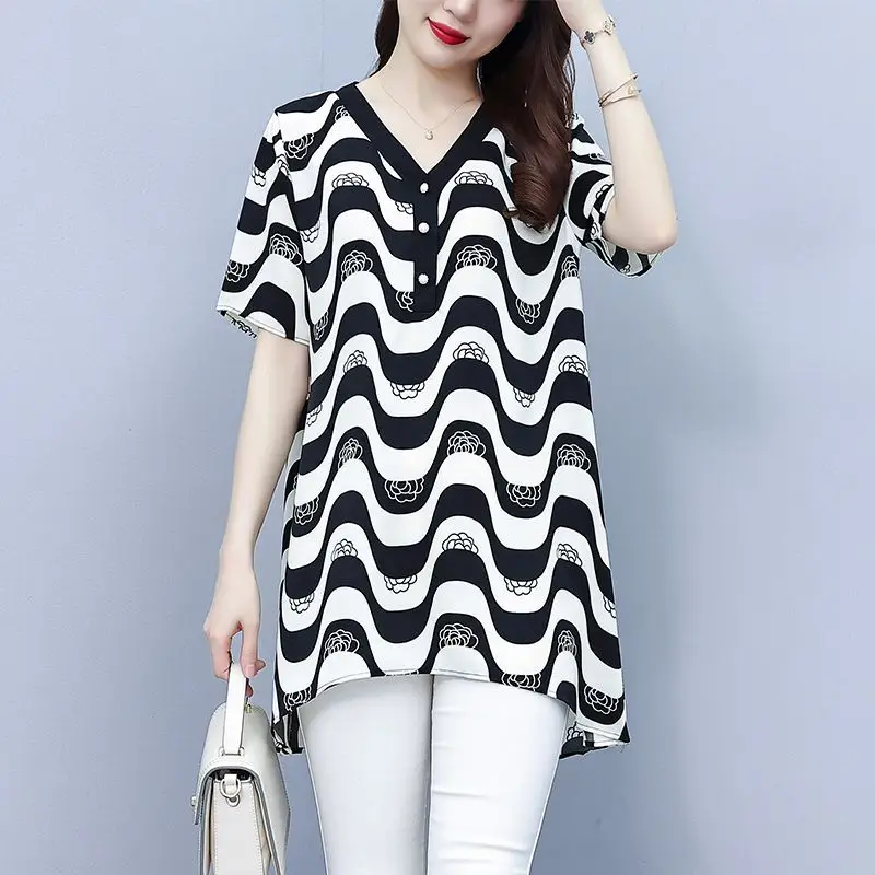 Women's Clothing Ripple Print Irregular Elegant Blouse Summer Fashion V Neck Short Sleeve Loose Casual Shirts Ladies Tunic Tops
