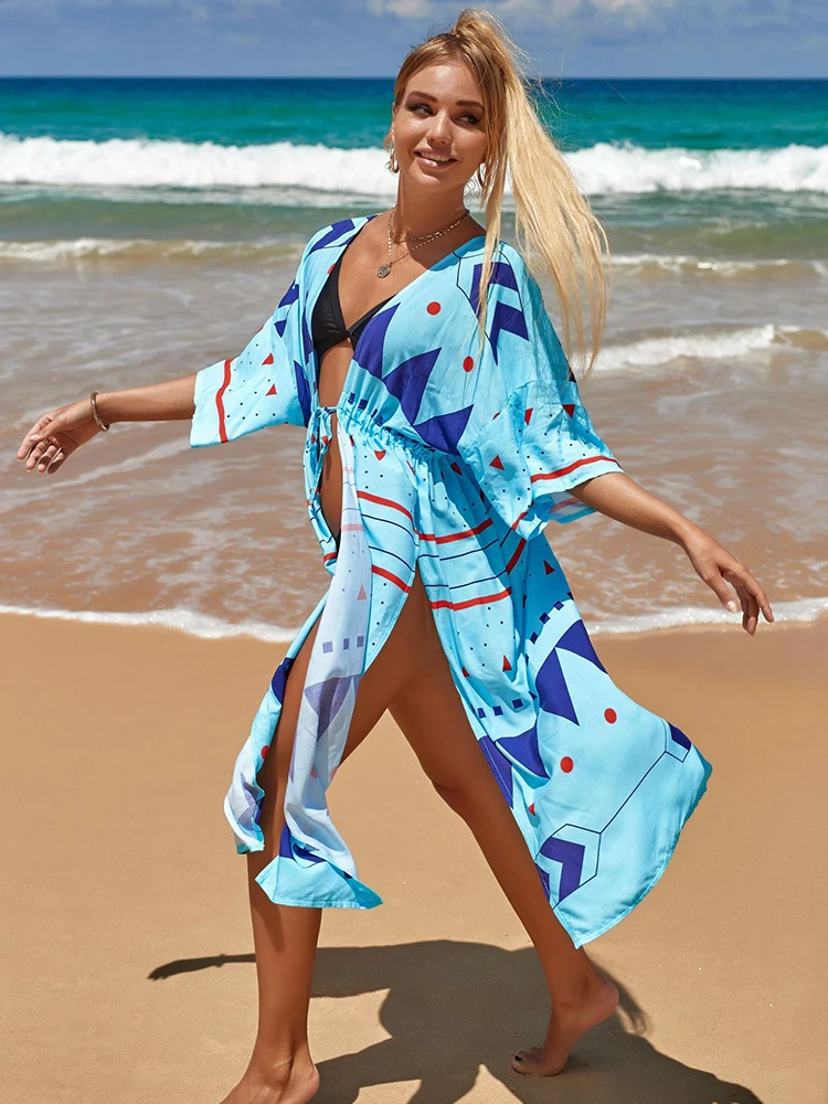 

2023 Cover-ups Kimono Tunic For Beach Kaftan Swimsuit Cover Up Print Belt Beachwear Bobe De Plage Pareo Summer Beach Dress