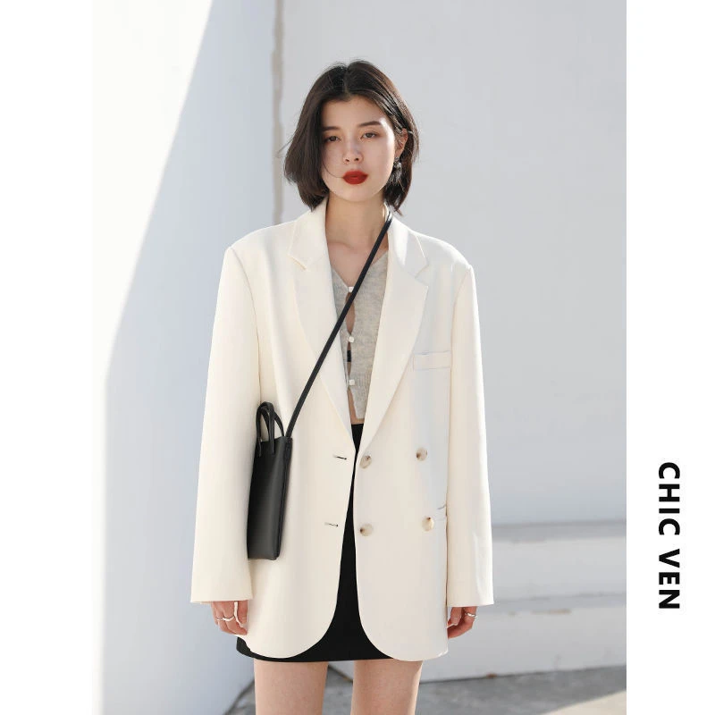 2022 Designer Blazer New Loose Notched Collar Long Sleeves Casual Office College Style Ladies Double Breasted Blazer Fashion Top designer suits for women