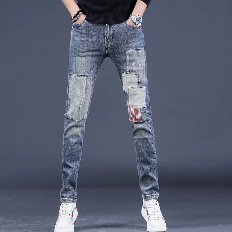 Fashion Striped Patchwork Jeans Men Autumn Casual Blue Slim Fit Straight Leg Denim Pants
