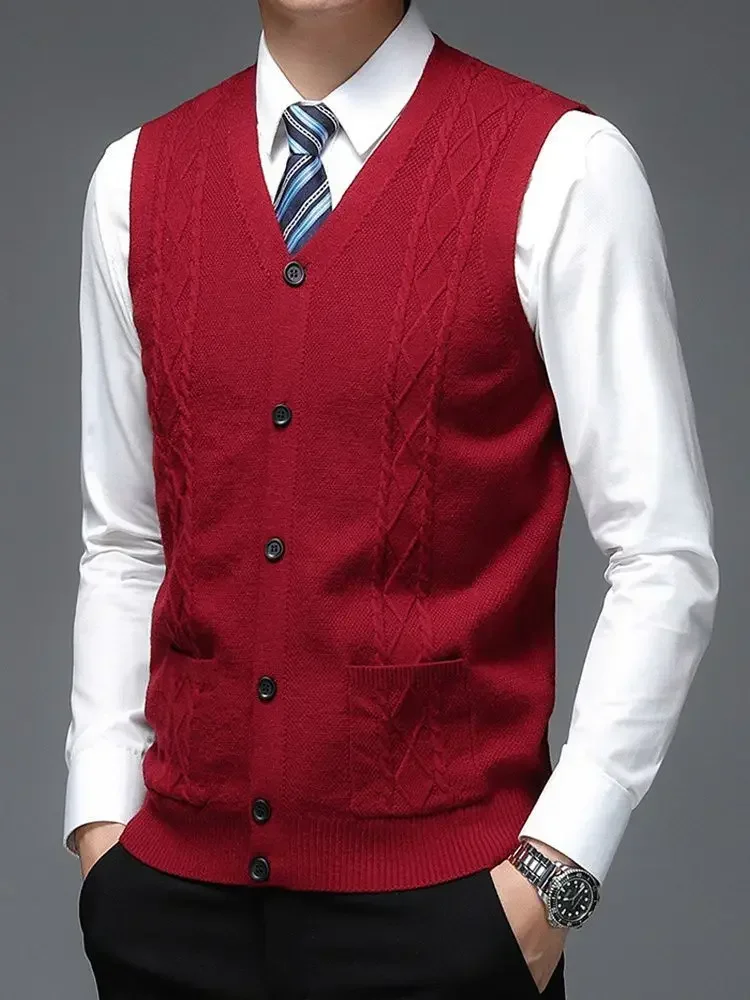 

Knitted Sweaters for Men Vest with Pockets Man Clothes Waistcoat Sleeveless Blue Cardigan Business Tops Mode Overfit Maletry A V