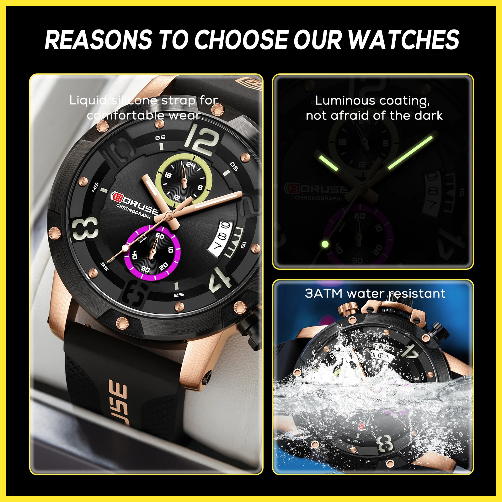 BORUSE High-end Waterproof Leather Watch, Simple Fashion, Business Model, Men's Luminous Quartz Watch 5