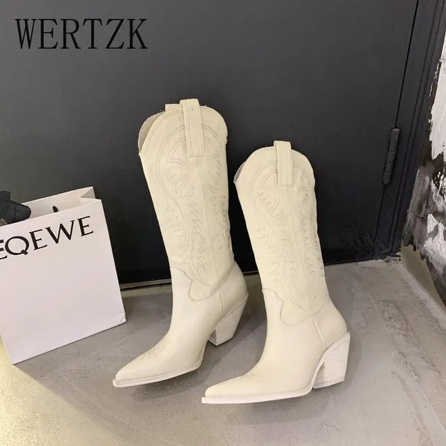 Fashion Embossed Microfiber Leather Women Boots Pointed Toe Western Cowboy Boots Women Knee-High Boots Chunky Wedges 1