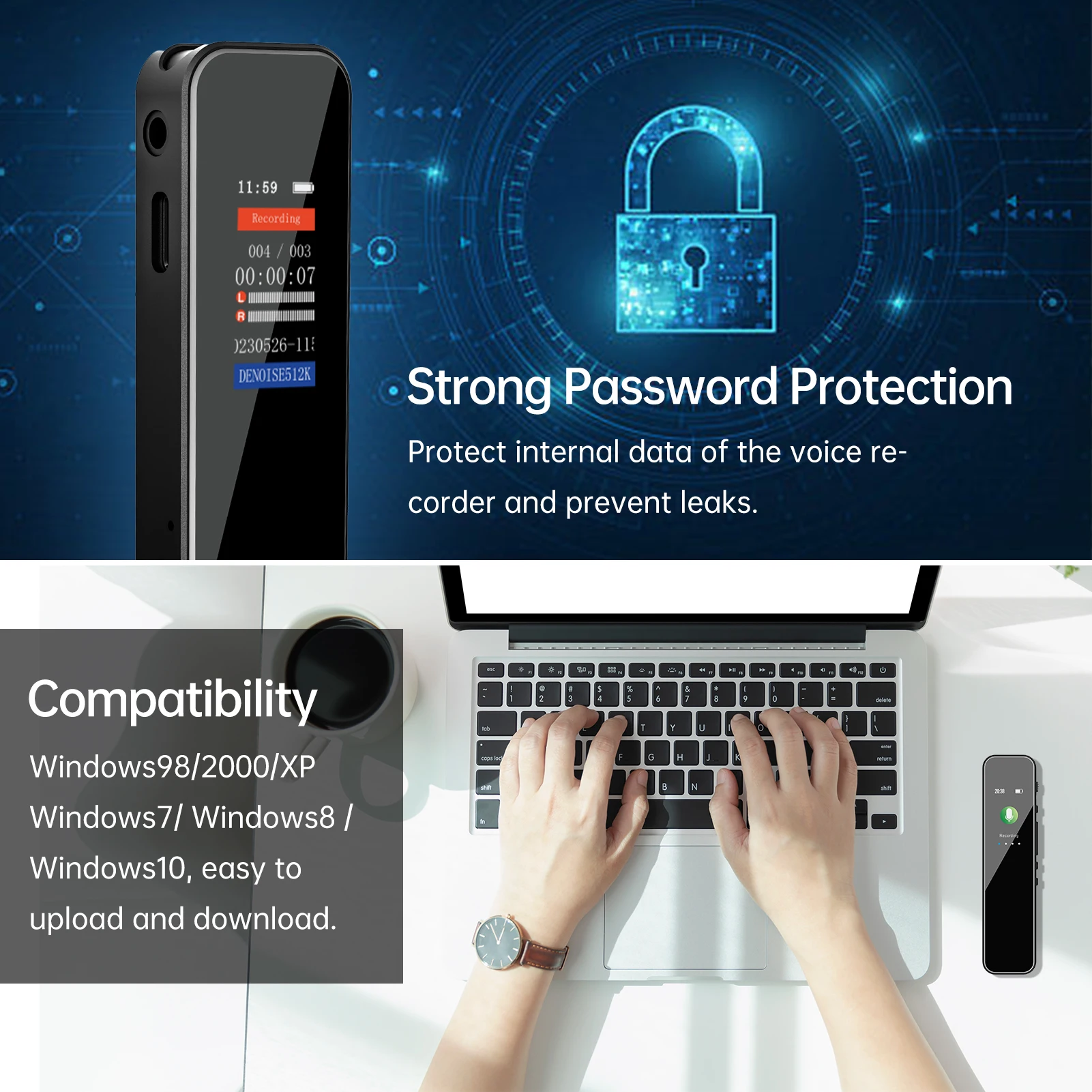 New 64GB Digital Voice Recorder Voice Activated Audio Recording Noise Reduction with Playback MP3 Music Player 280hrs Recording