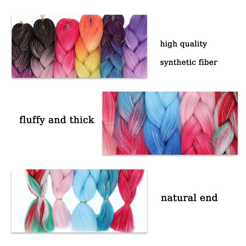 24inch Braiding Hair Extensions Wig Hairpiece Jumbo Braids Colored Hair Extensions with Tinsel Hair for Chrismas Party Wear