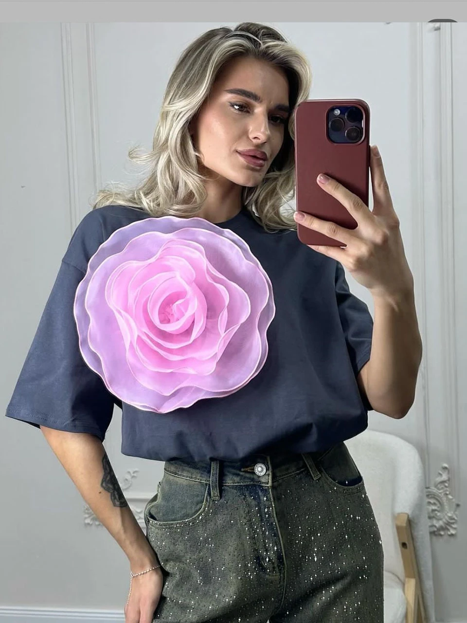 

Elegant Cotton T Shirt Women 2024 Summer Oversized Tee Casual Basic Loose Tshirt Chic Vintage Female Tops with Flower