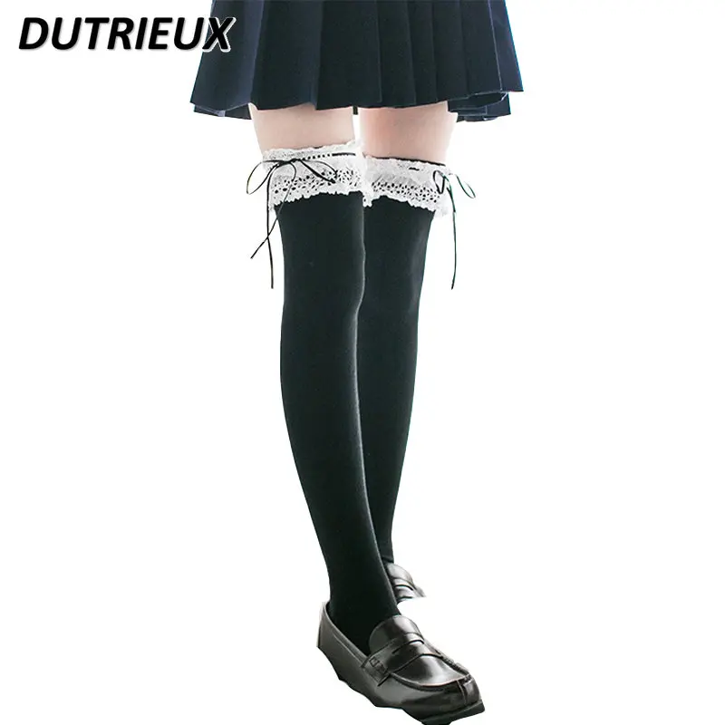 

Japanese Style Stockings Long Socks Sweet Girls High Thigh Cotton Socks Anime Cosplay Lolita Solid Color Lace Stocking for Women