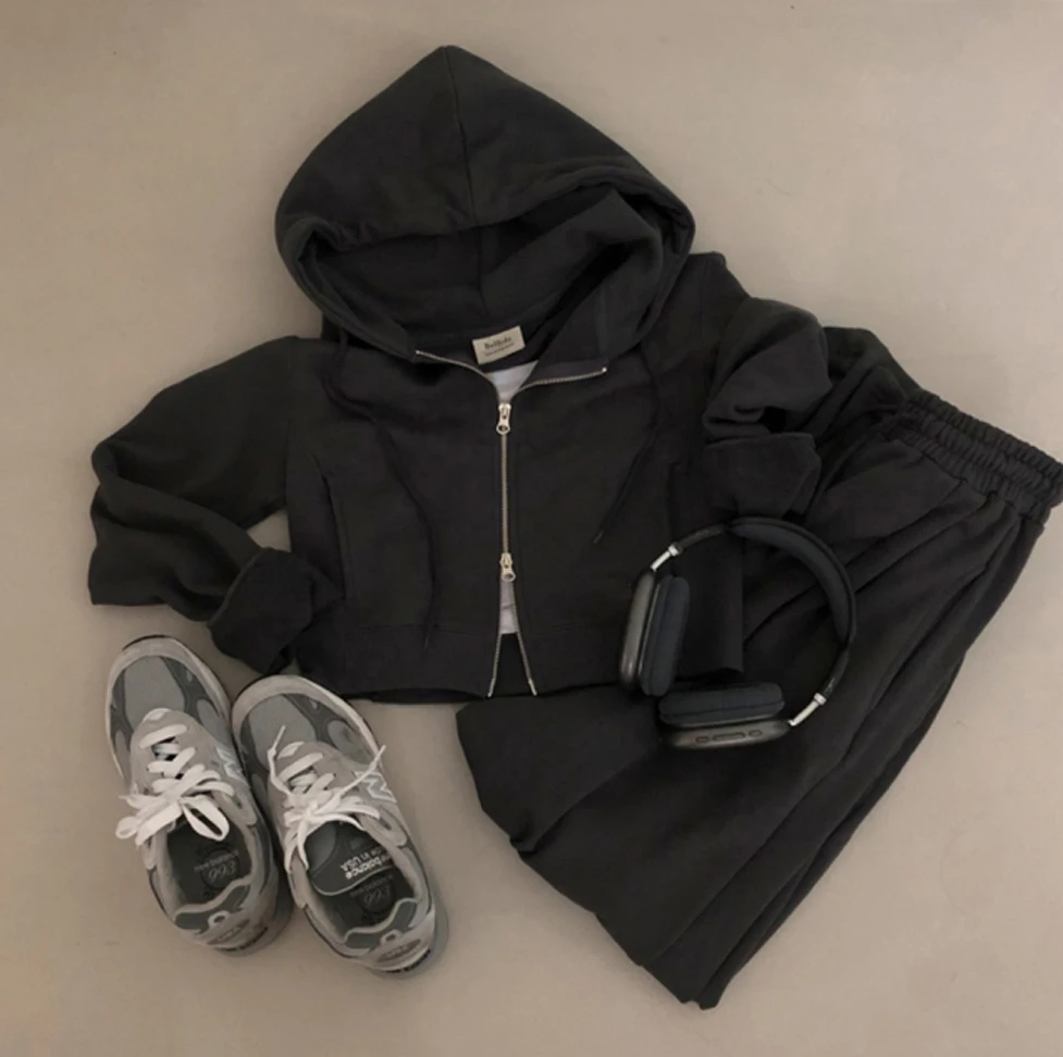 Korean Fashion Streetwear 2-piece Pants Set Women Tracksuit Autumn New Hooded Zip-up Crop Top Long Pants Casual Solid Outfits