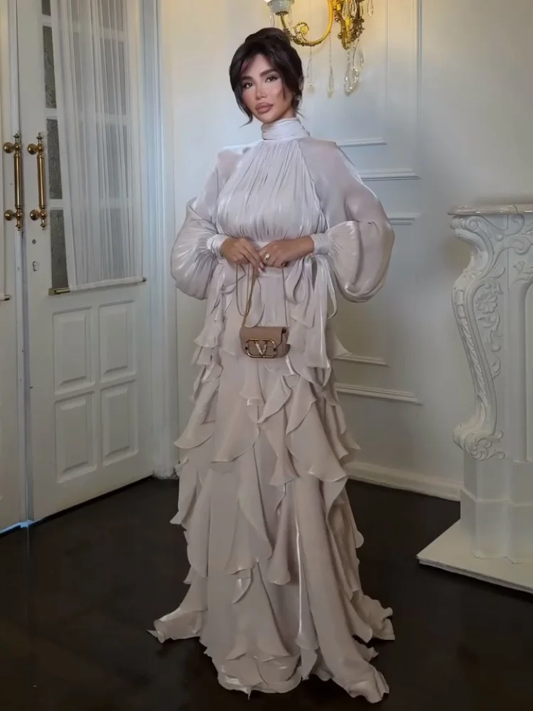 Evening Party Pleated Multi-layer Ruffles Floor Dresses For Women Fold Long  Sleeve High Waist Lace Up Collar Dress Autumn Robe - AliExpress 200000345