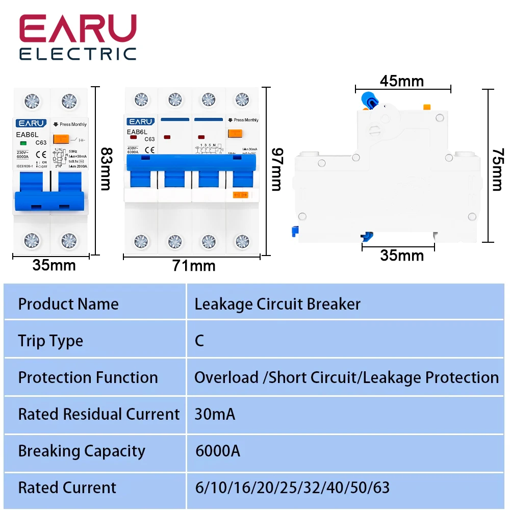 Circuit Breaker 2P 4P C Type AC230V MCB Leakage Protector RCBO Overload Short Circuit Protection Residual Current Switch RCCB