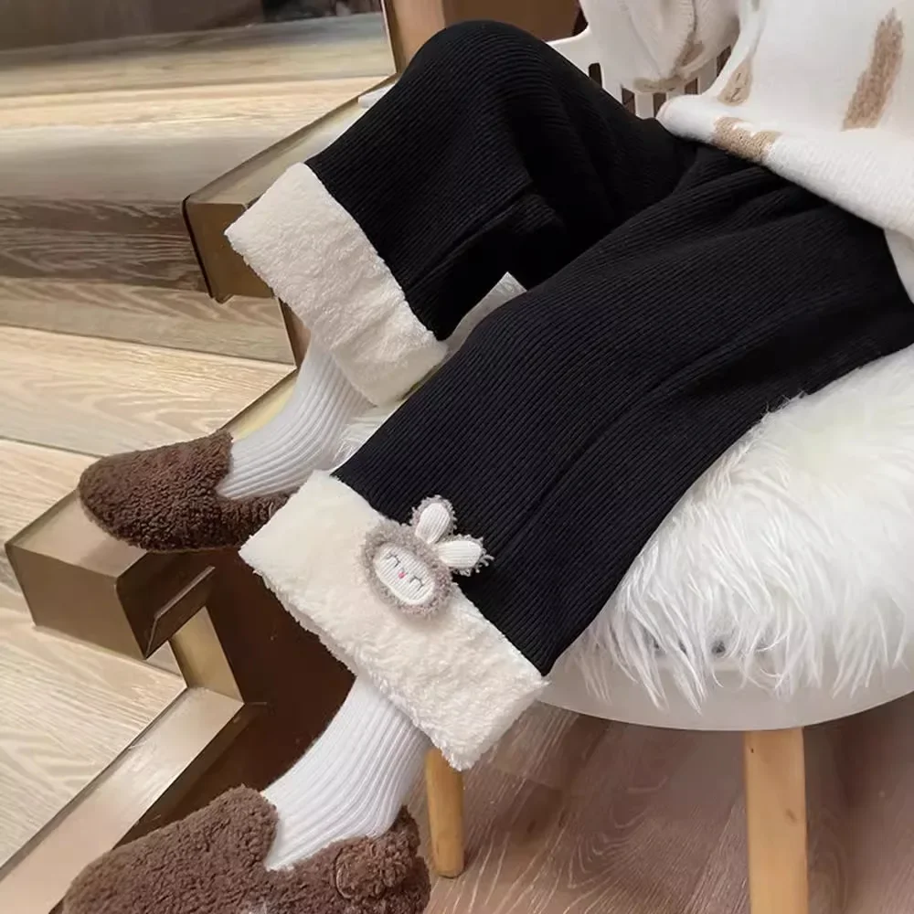 بنطال بناتي واسع الساق مبطن بالقطيفة - بنطال شتوي سميك، قيعان كاجوال فضفاضة مناسبة للأطفال الصغار