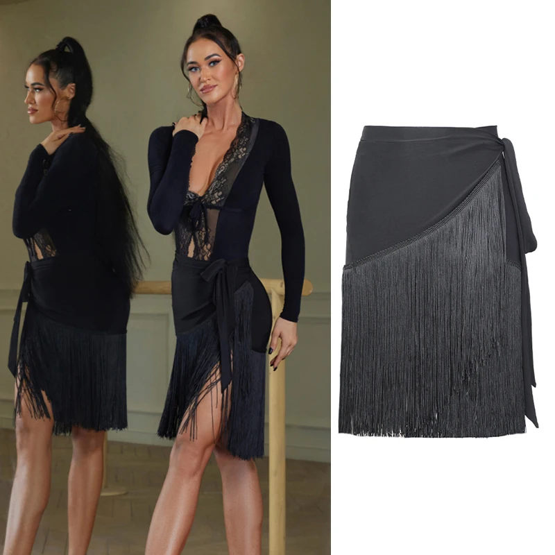 

Sexy Latin Wrap Fringed Skirt Adjustable Skirts Black Tassels Latin Dance Skirt Women Chacha Samba Rumba Dance Wear SL5128